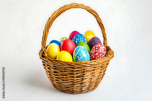 Easter basket filled with colorful eggs isolated on a white background