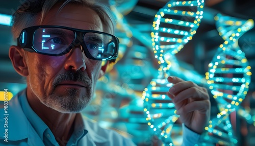 Focused biotech researcher in specialized glasses surrounded by a glowing futuristic DNA strand photo