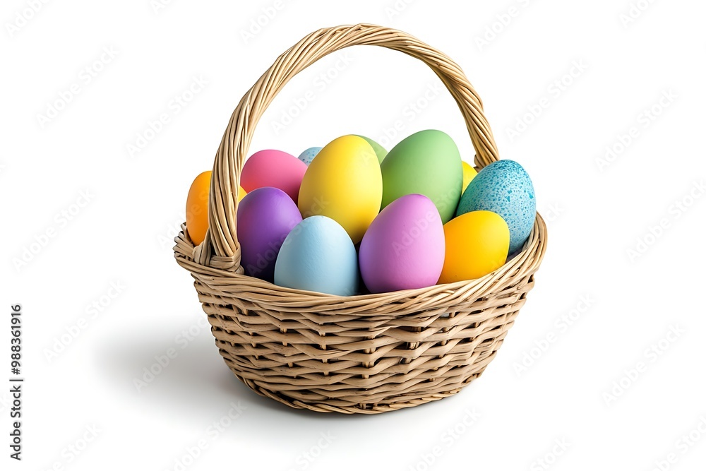 Naklejka premium Easter basket filled with colorful eggs isolated on a white background