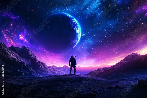 Futuristic landscape, with a lone explorer standing on a foreign planet under a glowing sky filled with stars