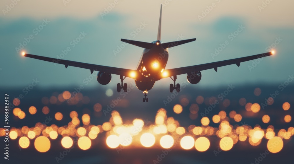An airplane takes off smoothly into the night, its lights shining brightly as it climbs into the dark sky above An airplane takes off smoothly into the night, its lights shining brightly as it climbs into the dark sky above