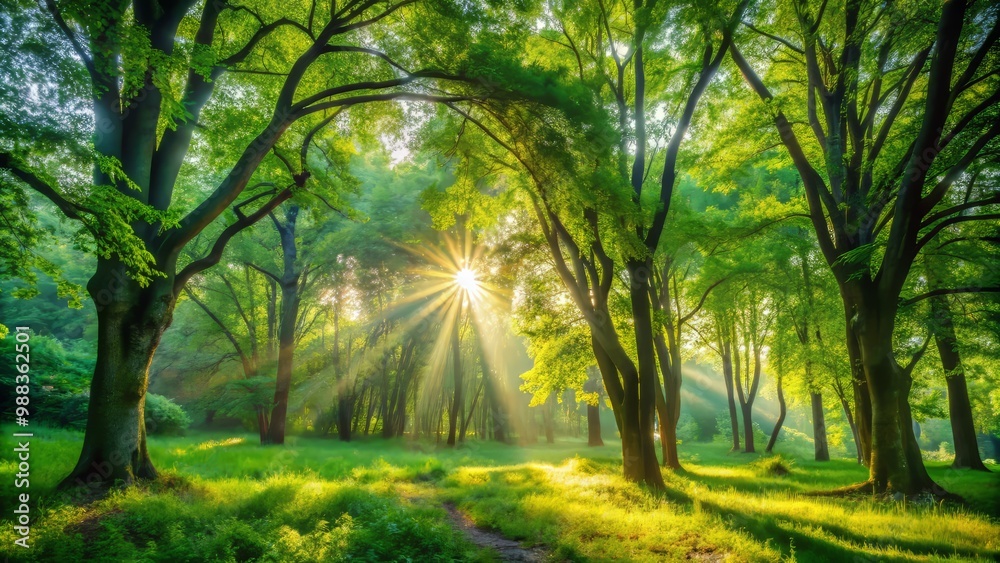 Naklejka premium Serenity fills the atmosphere as soft dappled sunlight filters through lush green trees