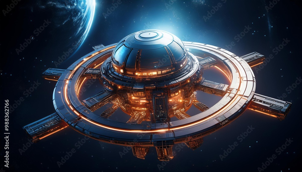 A futuristic space station orbits a blue planet A futuristic space station orbits a blue planet