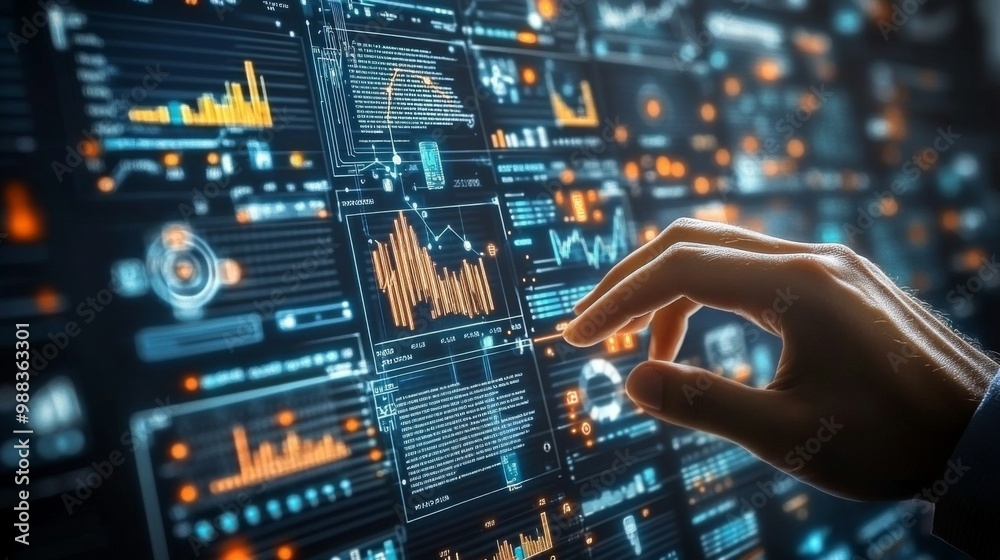 Obraz premium Digital analytics data visualization. Big data. Network connection. Artificial intelligence technology. Digital tech. Hand typing, gesturing. 