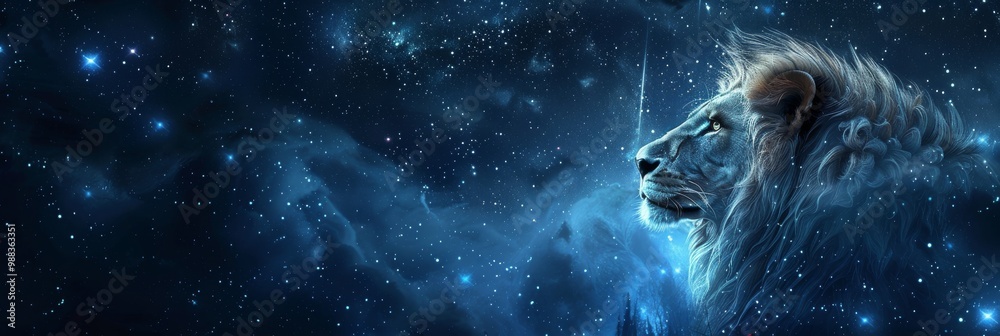 Naklejka premium Leo Zodiac Sign, Lion Horoscope Symbol, Magic Astrology Lion, Lion in Fantastic Night Sky
