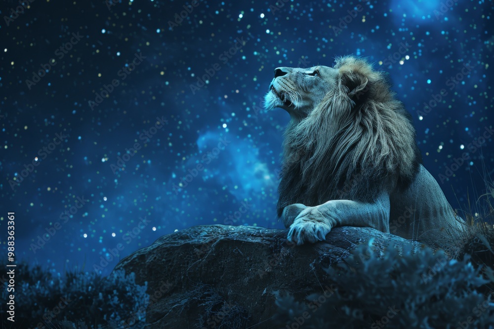 Naklejka premium Leo Zodiac Sign, Lion Horoscope Symbol, Magic Astrology Lion, Lion in Fantastic Night Sky