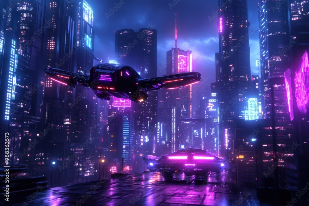 A futuristic neon cityscape featuring flying vehicles and illuminated skyscrapers, evoking a cyberpunk atmosphere. A futuristic neon cityscape featuring flying vehicles and illuminated skyscrapers, evoking a cyberpunk atmosphere.