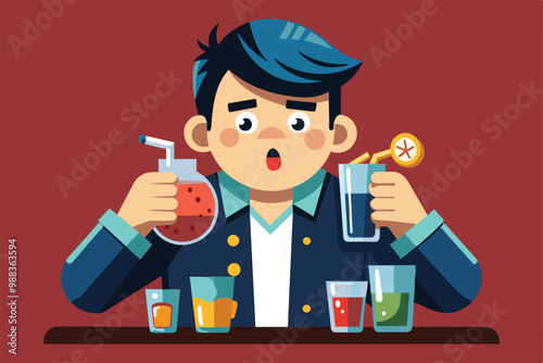 A character is excitedly holding two colorful drinks while surrounded by various shot glasses during a lively gathering.