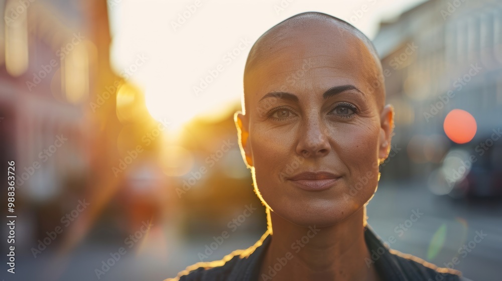 The bald woman enjoys a peaceful moment in the sunlight on a vibrant city street, dressed casually and exuding serenity The bald woman enjoys a peaceful moment in the sunlight on a vibrant city street, dressed casually and exuding serenity
