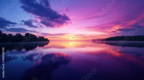 A stunning sunset over a calm lake, reflecting vibrant purple, pink, and orange hues against a backdrop of clouds and trees.