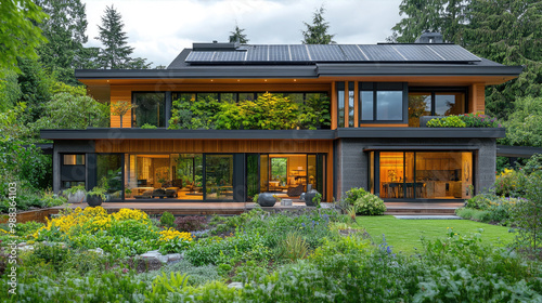 Eco-Friendly Home with Solar Panels and Green Garden