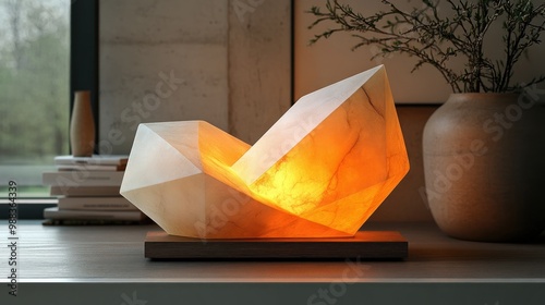 A glowing geometric lamp on a wooden surface, enhancing ambiance.