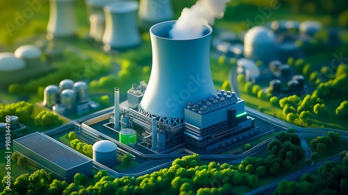 A cutting-edge small modular nuclear reactor (SMR) located in a high-tech, sustainable energy facility. The reactor is compact, surrounded by modern infrastructure and lush green surroundings, symboli photo