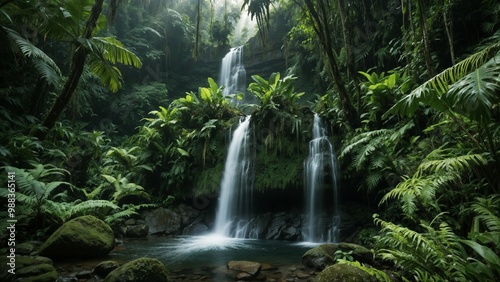 Tropical waterfall surrounded by lush greenery in serene jungle setting