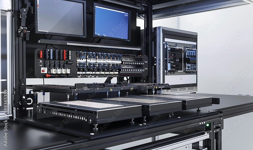 Obraz premium 3d render of a modern industrial automation system in a factory.