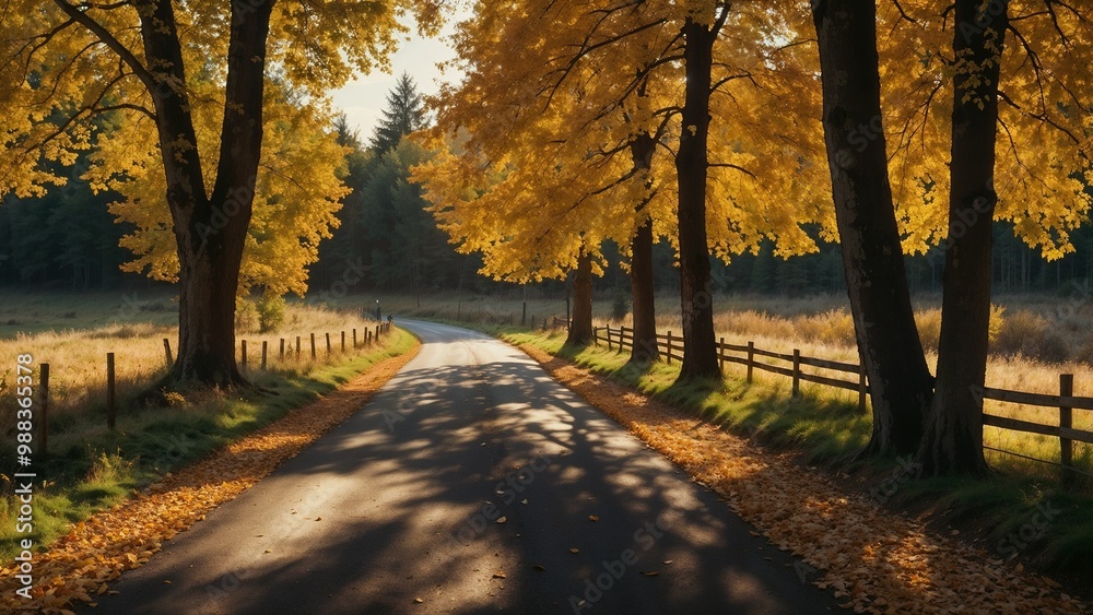 Naklejka premium Scenic autumn pathway surrounded by golden trees and soft sunlight