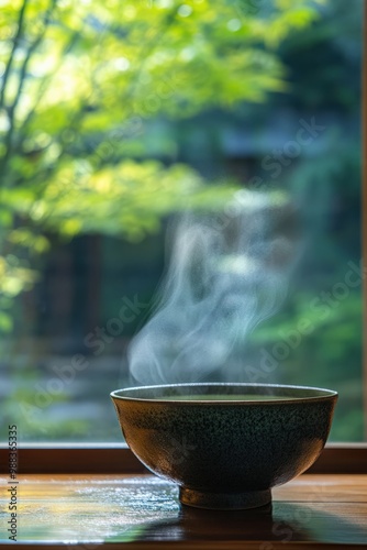 An elegant matcha tea bowl with frothy green tea, steam rising gently in a quiet Japanese tea house, with bamboo and nature outside the window