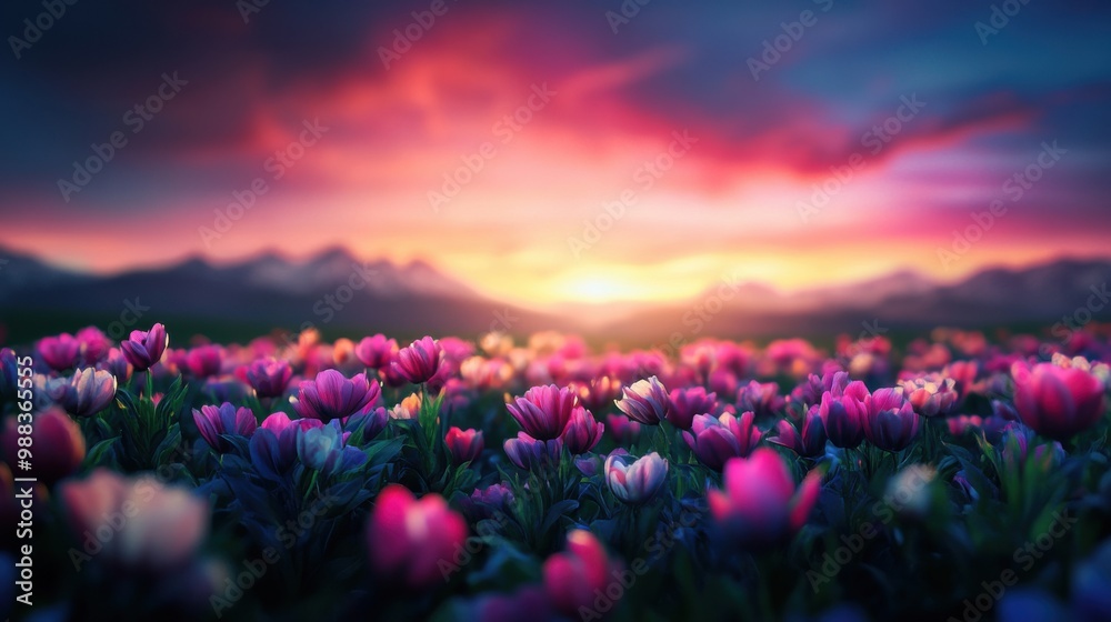 Obraz premium A vibrant field of tulips under a colorful sunset, showcasing nature's beauty and tranquility.