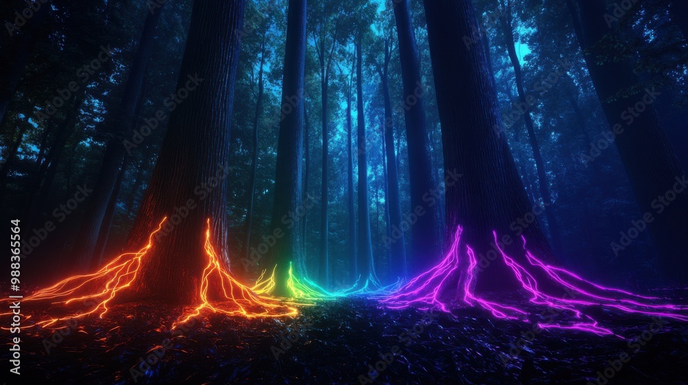 Obraz premium A vibrant forest scene illuminated by colorful neon roots, creating a magical and surreal atmosphere.
