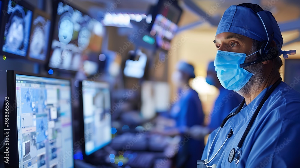 Doctor in a blue scrubs and mask monitoring medical equipment in an operating room. Doctor in a blue scrubs and mask monitoring medical equipment in an operating room.