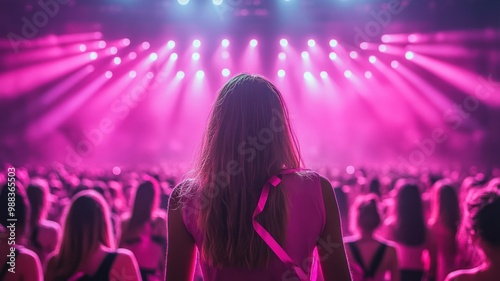 A crowd at a concert, with vibrant pink lights illuminating the scene.