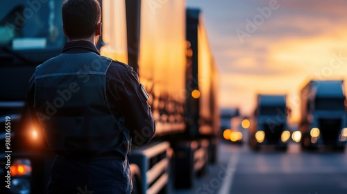 A truck driver observing a fleet of trucks at sunset, highlighting the transportation industry in a dynamic environment.