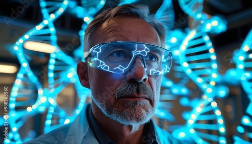 Focused biotech researcher in specialized glasses surrounded by a glowing futuristic DNA strand photo