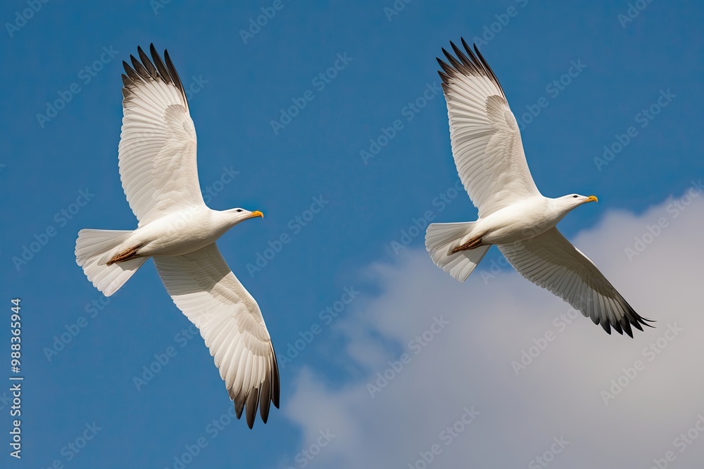 Splendid White Birds Soaring High in Clear Sky Splendid White Birds Soaring High in Clear Sky