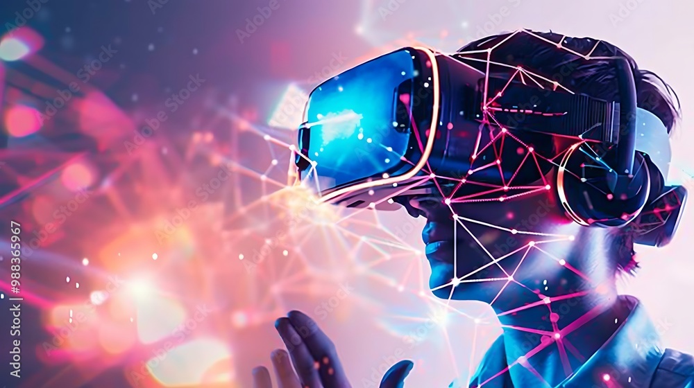Person wearing a VR headset, immersed in a digital world. The image ...