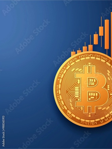 Bitcoin coin with rising financial chart on blue background. photo