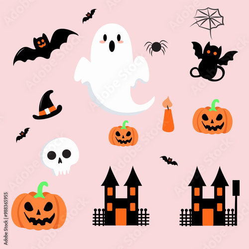 set of collection hallowen elements like a ghost, hat, and pumpkin for elements, clipart, sticker