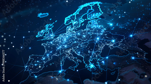 dynamic digital world map emphasize Western Europe continental for AI powered global network connectivity big data transfer cyber technology network information exchange and telecommunication