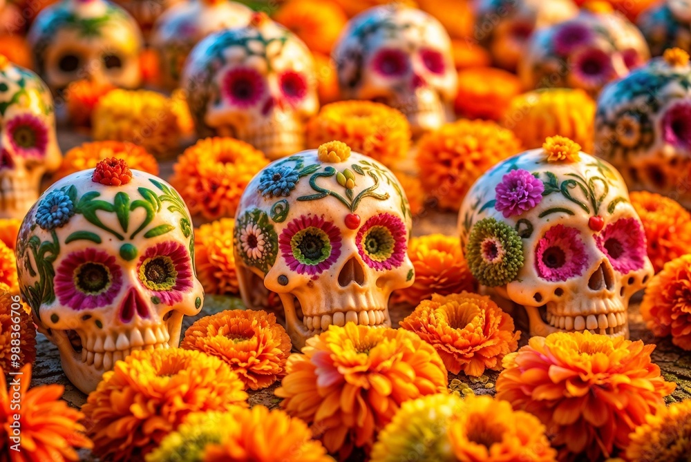 Fototapeta premium Colorful sugar skulls surrounded by vibrant marigold flowers for Día de los Muertos celebration