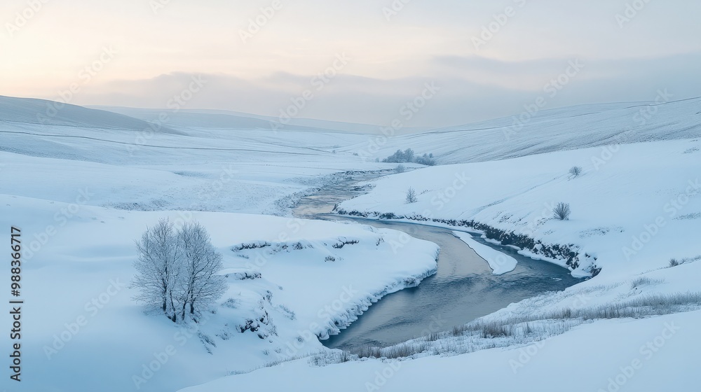 A tranquil valley blanketed in snow, with soft white hills stretching into the distance, and a small river cutting through the landscape, creating a scene of serene winter beauty A tranquil valley blanketed in snow, with soft white hills stretching into the distance, and a small river cutting through the landscape, creating a scene of serene winter beauty