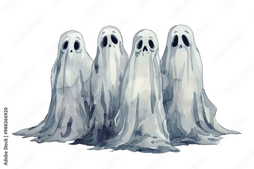Watercolor illustration of ghosts in blue tones. Halloween and horror theme. An otherworldly creature resembling a sheet Watercolor illustration of ghosts in blue tones. Halloween and horror theme. An otherworldly creature resembling a sheet