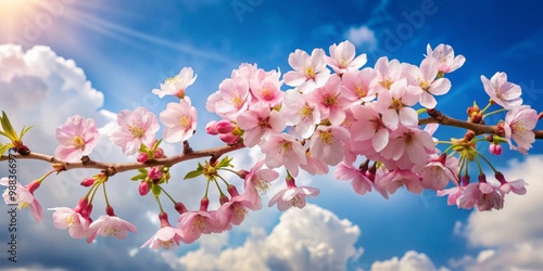 Soft pink cherry blossoms burst forth on curved branch, against deep blue cloudy sky, illuminated by soft warm light, evoking peaceful atmosphere.