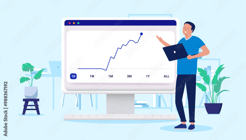 Fototapeta premium Investor happy with stock price going up - Man with laptop computer looking at rising chart, smiling over success and luck in investing. Flat design vector illustration