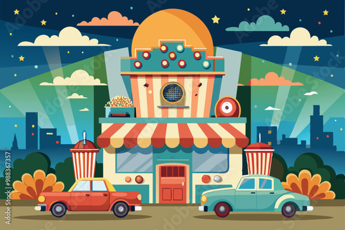 A lively drive-in movie theater features colorful cars and a cozy concession stand amidst a bright, starry backdrop.
