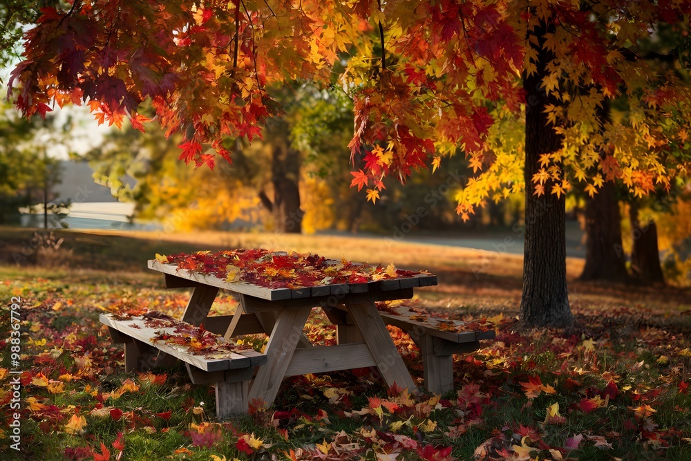 Rustic table covered with maple leaves, fall colored trees, golden sunlight, warm autumn Rustic table covered with maple leaves, fall colored trees, golden sunlight, warm autumn