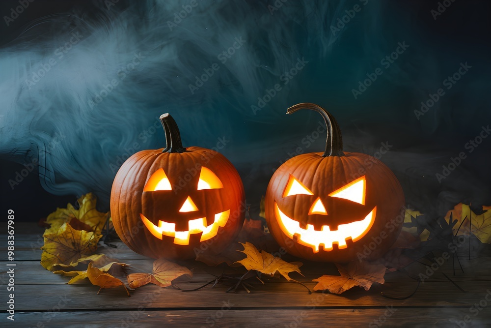 Swirling mist with deep blue backdrop, glowing carved pumpkins, scattered autumn leaves Swirling mist with deep blue backdrop, glowing carved pumpkins, scattered autumn leaves
