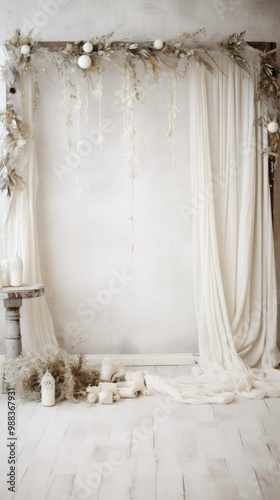 Simple and Clean Boho Christmas Studio Backdrop. Creative minimalist modern holiday background with copy space.