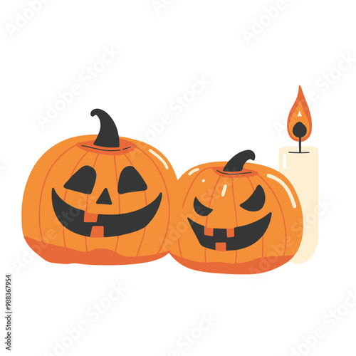 A row of pumpkins with candles burning in the center. Isolated Halloween Symbols