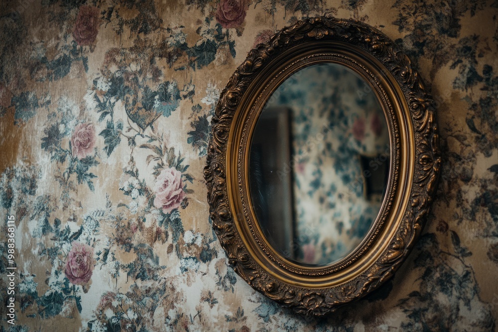 Fototapeta premium A vintage mirror reflects in an elegant interior setting. The ornate frame adds charm to the floral wallpaper. This piece creates a nostalgic ambiance. Generative AI