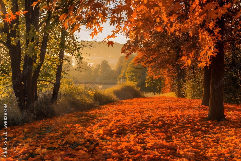 Fototapeta premium Serene autumn landscape with fallen leaves, vibrant foliage, golden sunlight, warm glow