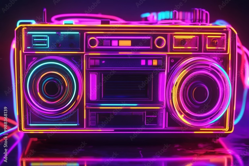Vibrant neon lights illuminating an old-school boombox, creating dynamic and energetic visual effects for a retro-themed music video background Vibrant neon lights illuminating an old-school boombox, creating dynamic and energetic visual effects for a retro-themed music video background