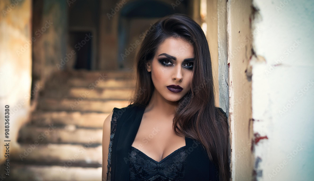 Pretty brunette woman with dark make up at halloween Pretty brunette woman with dark make up at halloween