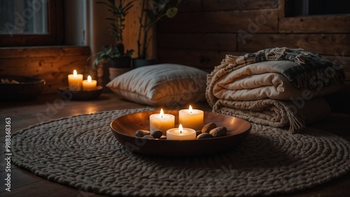 Cozy setting with glowing candles, soft blankets, and natural elements, creating a warm atmosphere.