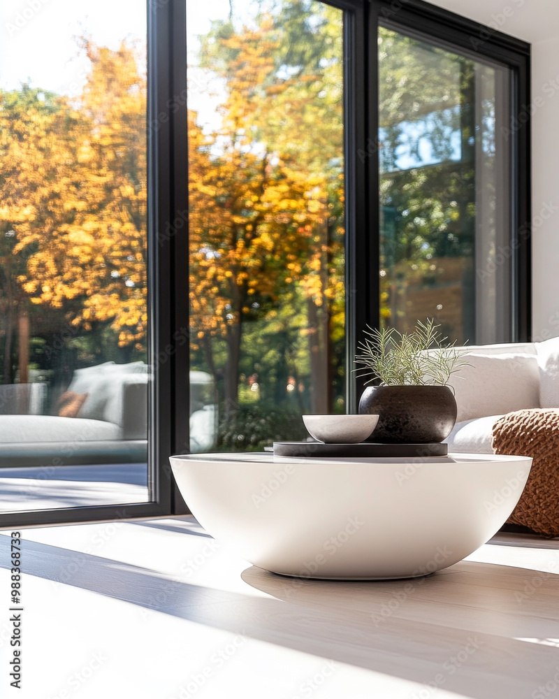 A bright and airy living room showcasing a modern coffee table with plants and autumn views through large windows A bright and airy living room showcasing a modern coffee table with plants and autumn views through large windows