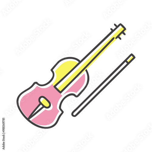 Colorful violin and bow icon in pink and yellow 