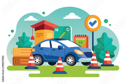 A car is parked among traffic cones and learning materials in a vibrant setting, highlighting the driving school concept and educational tools for students.